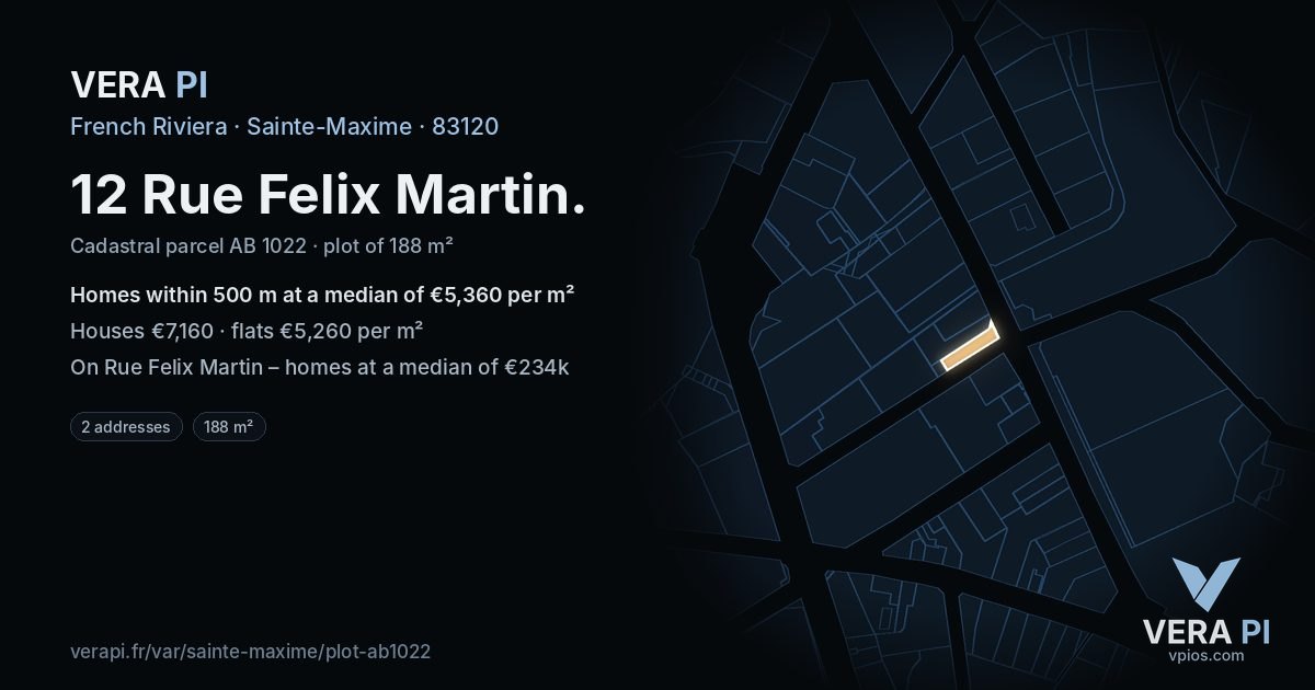 12 Rue Felix Martin, Sainte-Maxime at night – the plot lit, the parcels around coloured by the prices near them