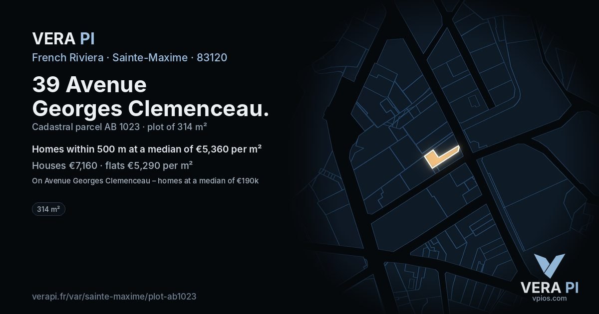 39 Avenue Georges Clemenceau, Sainte-Maxime at night – the plot lit, the parcels around coloured by the prices near them