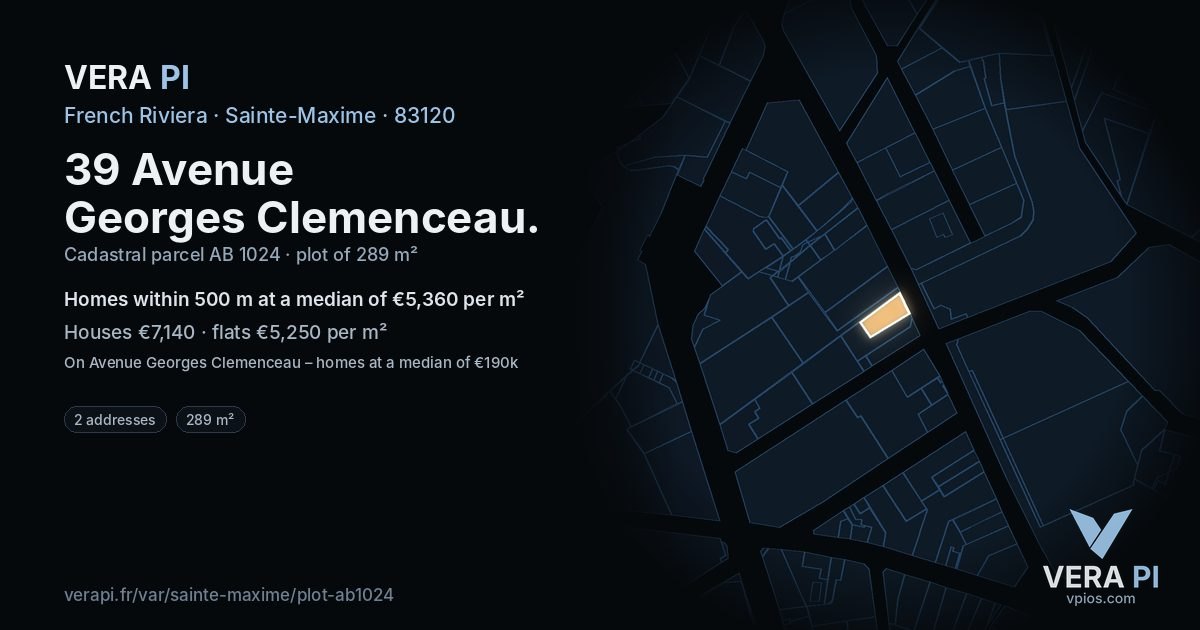 39 Avenue Georges Clemenceau, Sainte-Maxime at night – the plot lit, the parcels around coloured by the prices near them