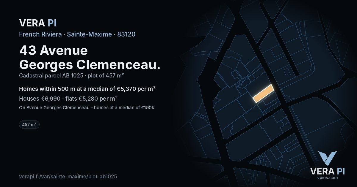 43 Avenue Georges Clemenceau, Sainte-Maxime at night – the plot lit, the parcels around coloured by the prices near them