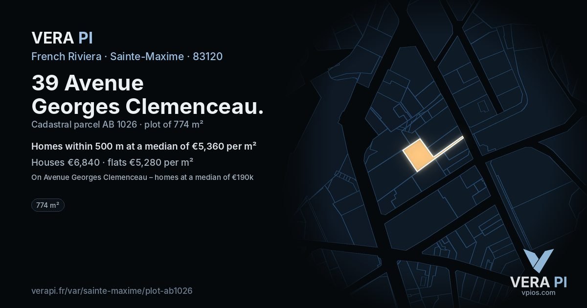 39 Avenue Georges Clemenceau, Sainte-Maxime at night – the plot lit, the parcels around coloured by the prices near them