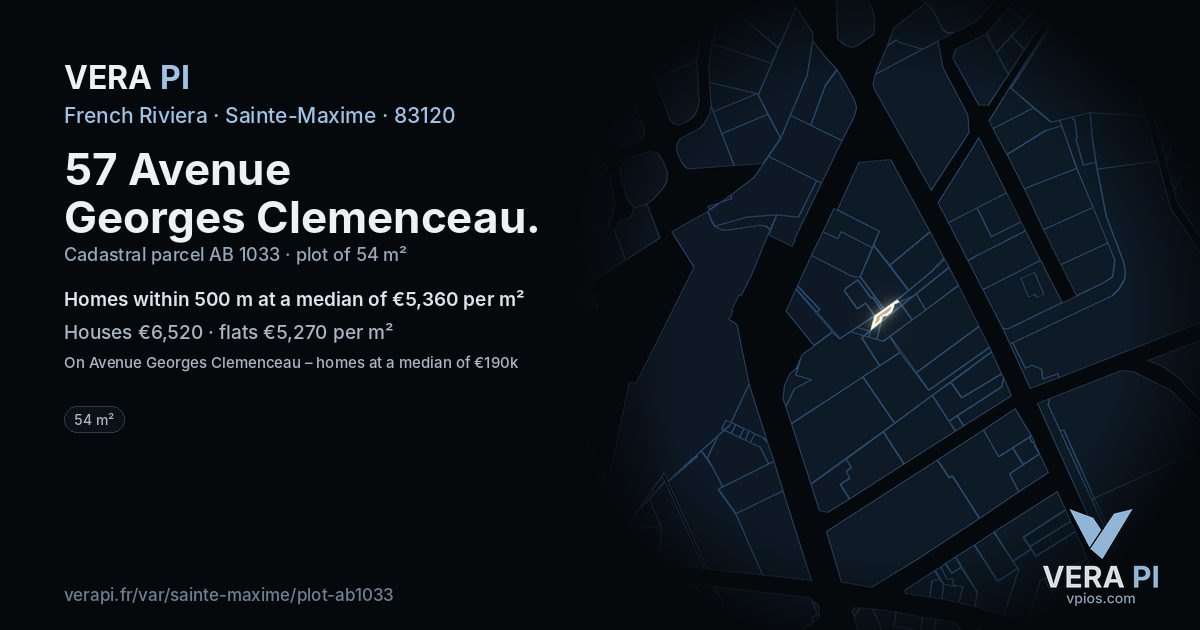 57 Avenue Georges Clemenceau, Sainte-Maxime at night – the plot lit, the parcels around coloured by the prices near them