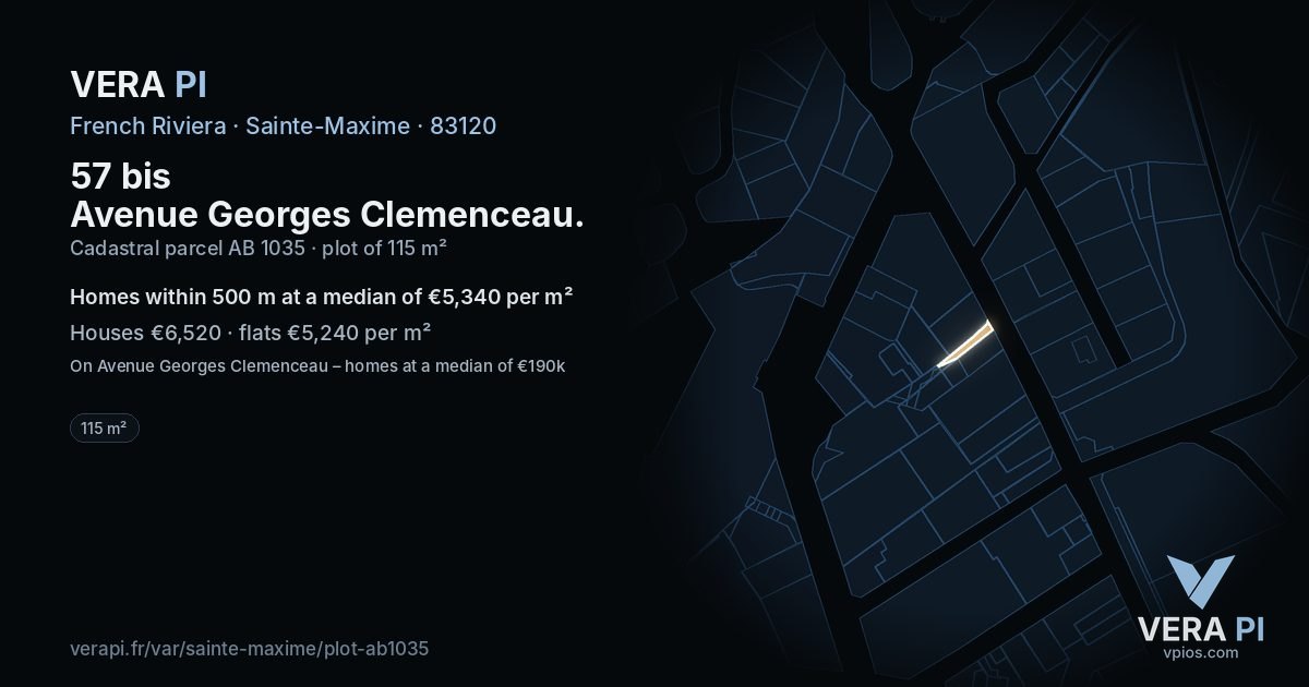 57 bis Avenue Georges Clemenceau, Sainte-Maxime at night – the plot lit, the parcels around coloured by the prices near them