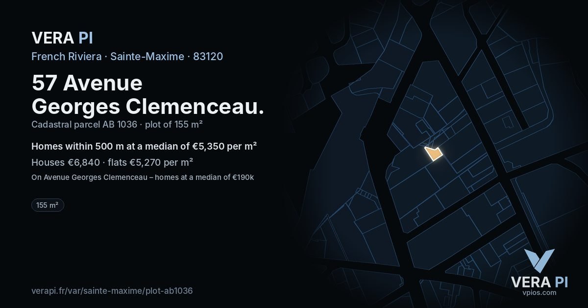57 Avenue Georges Clemenceau, Sainte-Maxime at night – the plot lit, the parcels around coloured by the prices near them