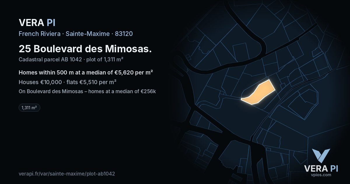 25 Boulevard des Mimosas, Sainte-Maxime at night – the plot lit, the parcels around coloured by the prices near them