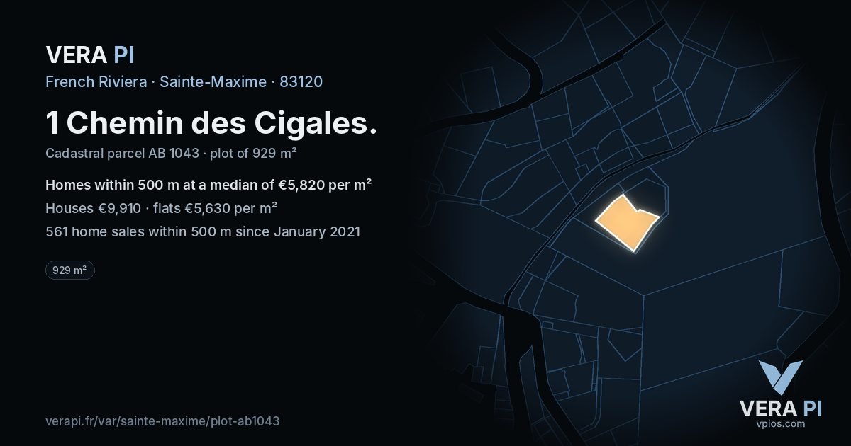 1 Chemin des Cigales, Sainte-Maxime at night – the plot lit, the parcels around coloured by the prices near them