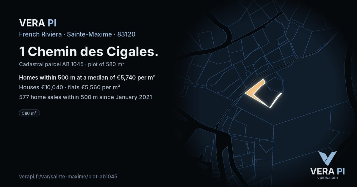 1 Chemin des Cigales, Sainte-Maxime at night – the plot lit, the parcels around coloured by the prices near them