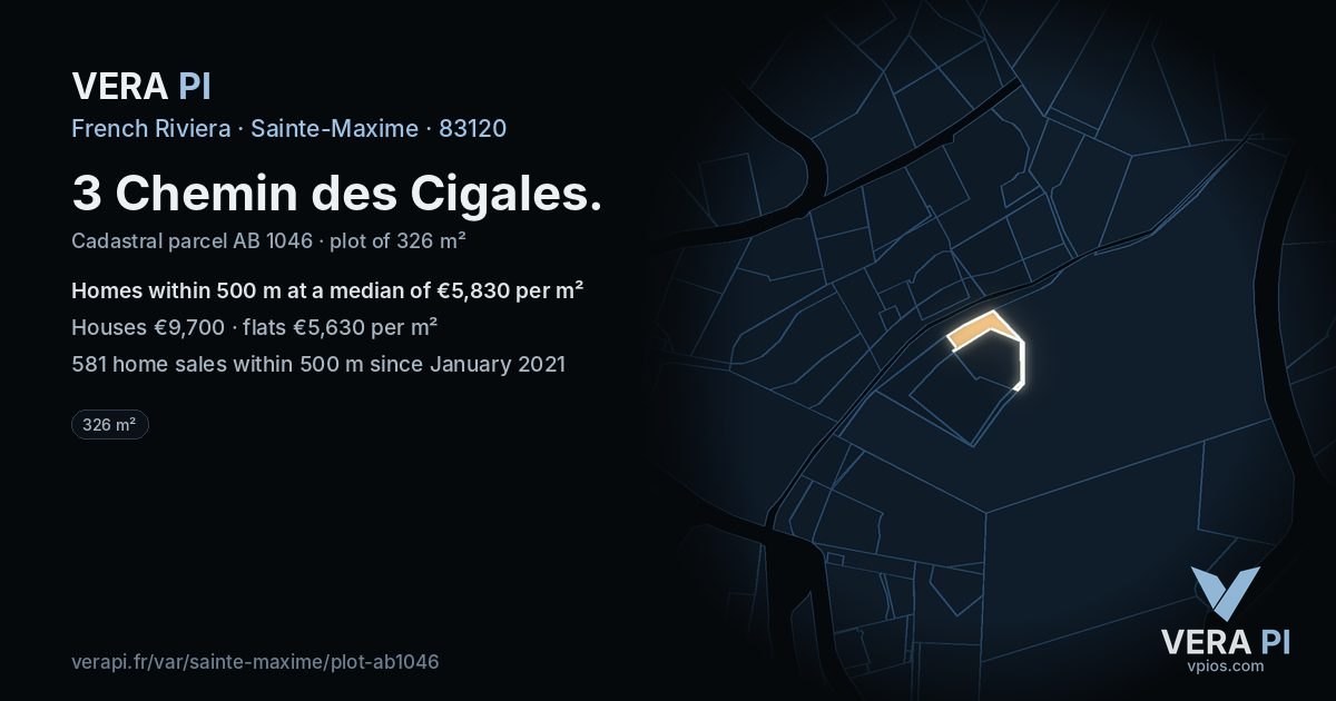3 Chemin des Cigales, Sainte-Maxime at night – the plot lit, the parcels around coloured by the prices near them