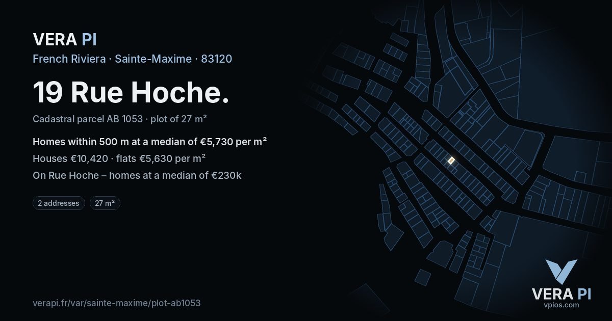 19 Rue Hoche, Sainte-Maxime at night – the plot lit, the parcels around coloured by the prices near them