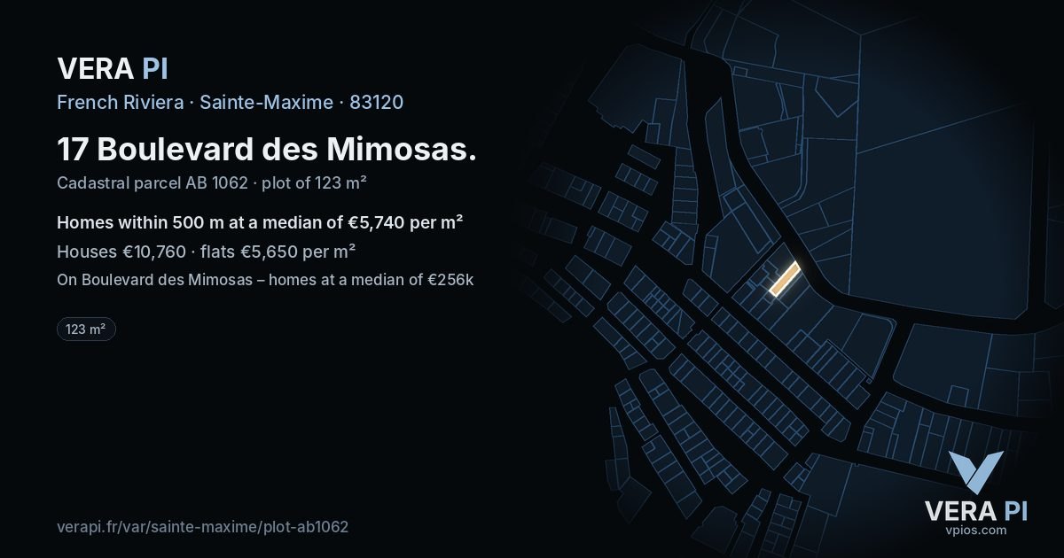 17 Boulevard des Mimosas, Sainte-Maxime at night – the plot lit, the parcels around coloured by the prices near them