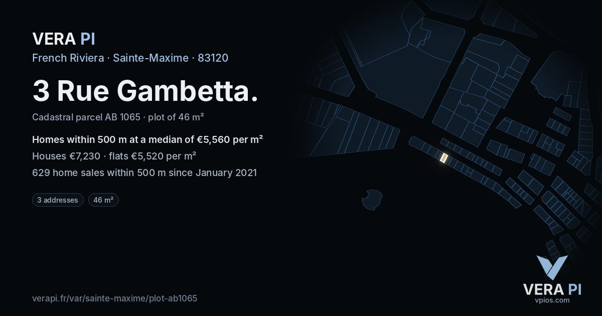 3 Rue Gambetta, Sainte-Maxime at night – the plot lit, the parcels around coloured by the prices near them