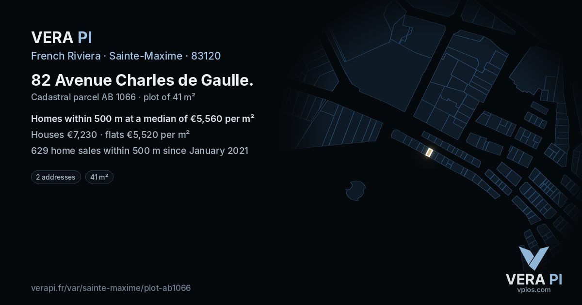 82 Avenue Charles de Gaulle, Sainte-Maxime at night – the plot lit, the parcels around coloured by the prices near them