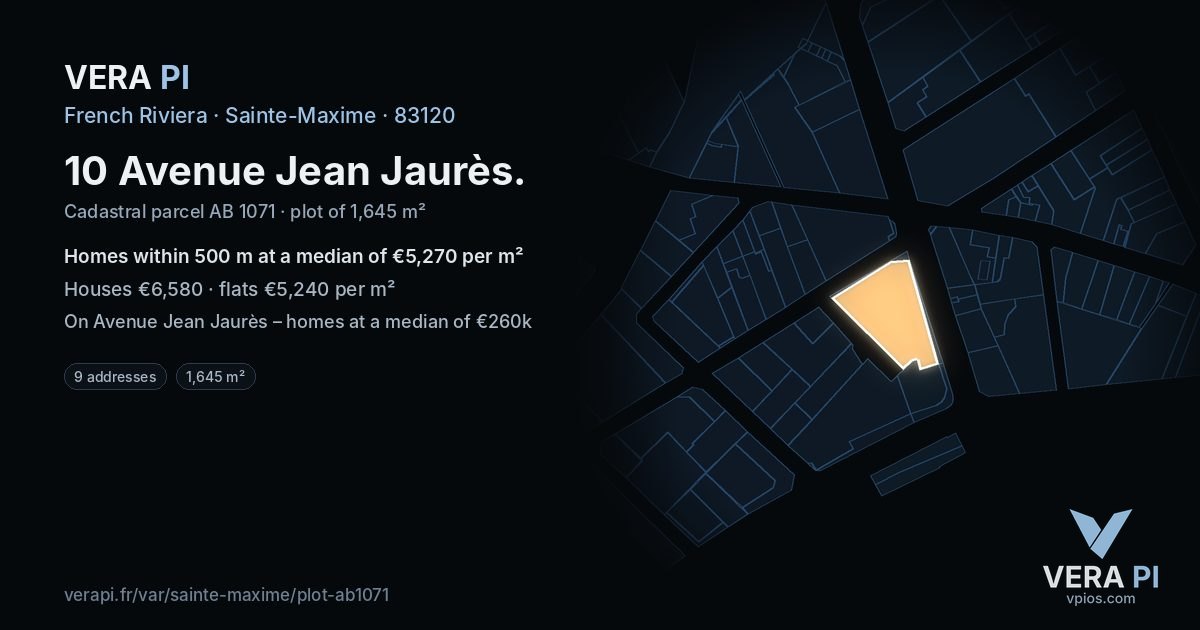 10 Avenue Jean Jaurès, Sainte-Maxime at night – the plot lit, the parcels around coloured by the prices near them