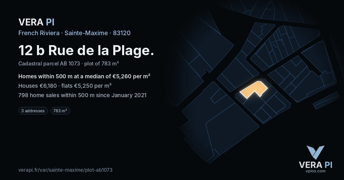 12 b Rue de la Plage, Sainte-Maxime at night – the plot lit, the parcels around coloured by the prices near them