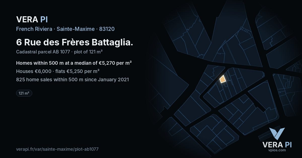 6 Rue des Frères Battaglia, Sainte-Maxime at night – the plot lit, the parcels around coloured by the prices near them