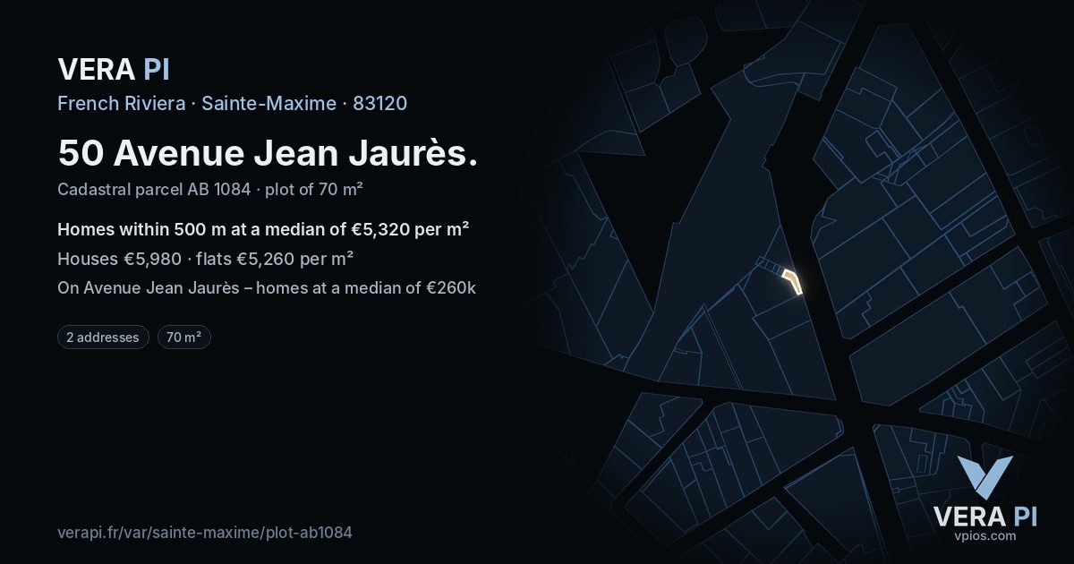 50 Avenue Jean Jaurès, Sainte-Maxime at night – the plot lit, the parcels around coloured by the prices near them