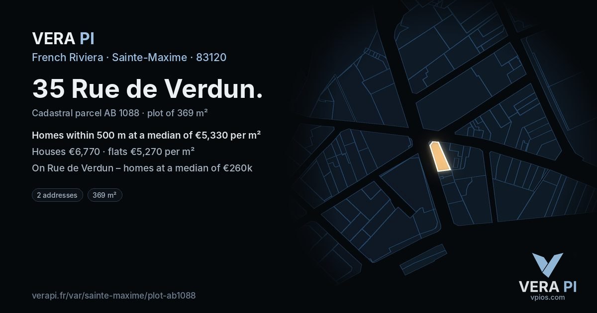 35 Rue de Verdun, Sainte-Maxime at night – the plot lit, the parcels around coloured by the prices near them