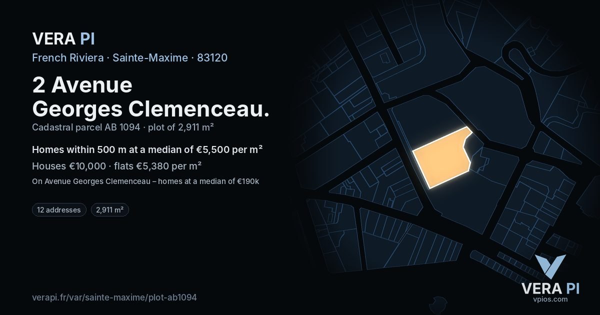 2 Avenue Georges Clemenceau, Sainte-Maxime at night – the plot lit, the parcels around coloured by the prices near them