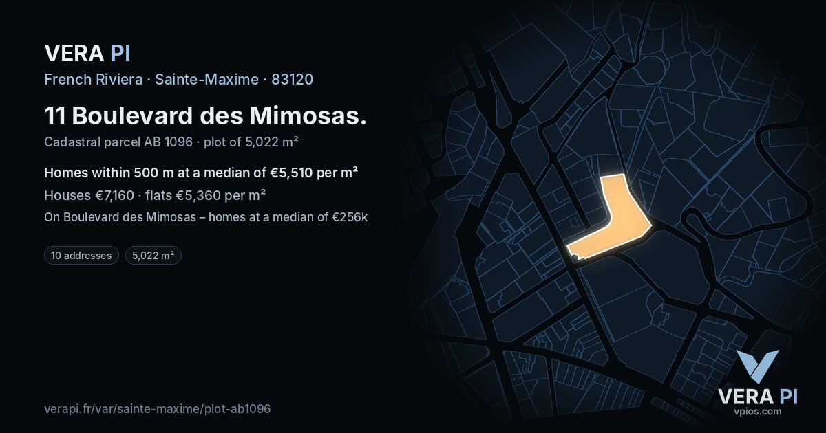 11 Boulevard des Mimosas, Sainte-Maxime at night – the plot lit, the parcels around coloured by the prices near them