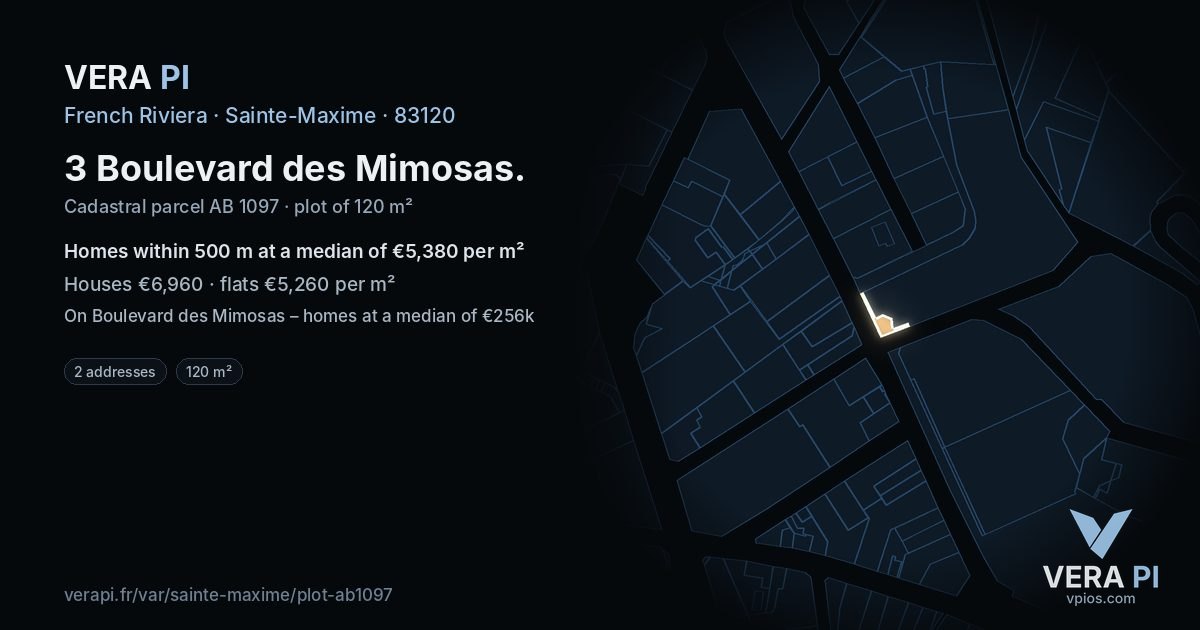 3 Boulevard des Mimosas, Sainte-Maxime at night – the plot lit, the parcels around coloured by the prices near them