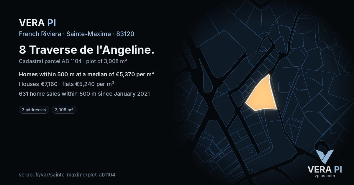 8 Traverse de l'Angeline, Sainte-Maxime at night – the plot lit, the parcels around coloured by the prices near them