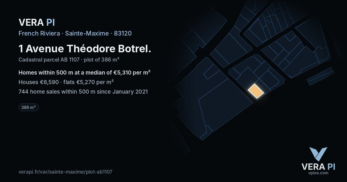 1 Avenue Théodore Botrel, Sainte-Maxime at night – the plot lit, the parcels around coloured by the prices near them
