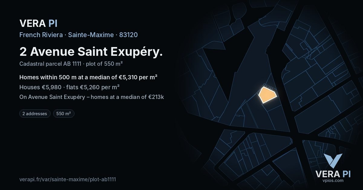 2 Avenue Saint Exupéry, Sainte-Maxime at night – the plot lit, the parcels around coloured by the prices near them