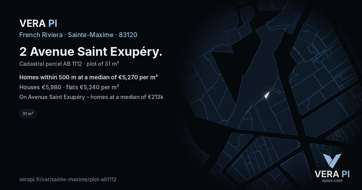 2 Avenue Saint Exupéry, Sainte-Maxime at night – the plot lit, the parcels around coloured by the prices near them