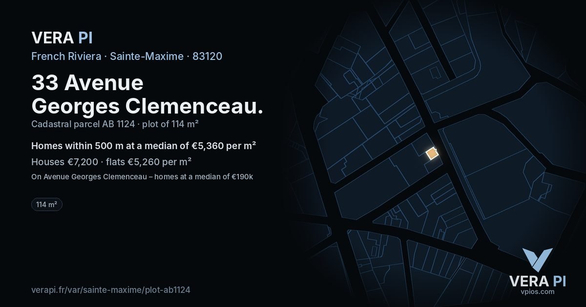 33 Avenue Georges Clemenceau, Sainte-Maxime at night – the plot lit, the parcels around coloured by the prices near them