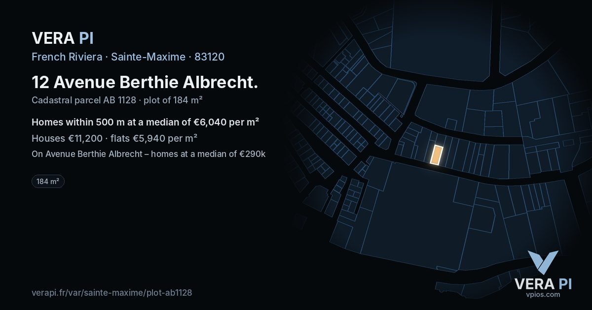 12 Avenue Berthie Albrecht, Sainte-Maxime at night – the plot lit, the parcels around coloured by the prices near them
