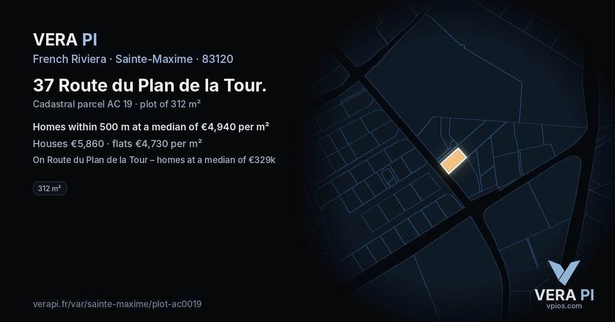 37 Route du Plan de la Tour, Sainte-Maxime at night – the plot lit, the parcels around coloured by the prices near them