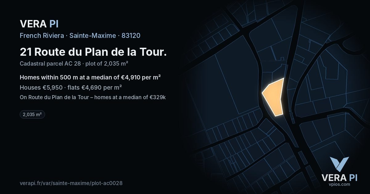 21 Route du Plan de la Tour, Sainte-Maxime at night – the plot lit, the parcels around coloured by the prices near them