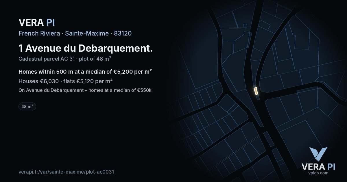 1 Avenue du Debarquement, Sainte-Maxime at night – the plot lit, the parcels around coloured by the prices near them