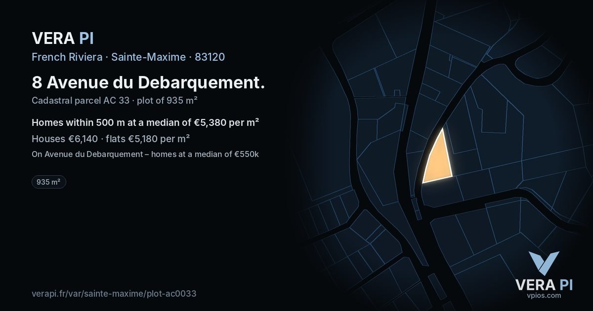 8 Avenue du Debarquement, Sainte-Maxime at night – the plot lit, the parcels around coloured by the prices near them