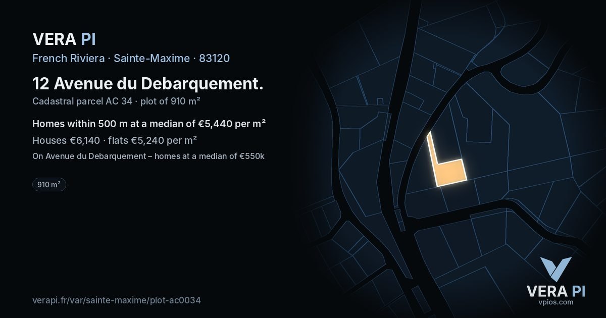 12 Avenue du Debarquement, Sainte-Maxime at night – the plot lit, the parcels around coloured by the prices near them
