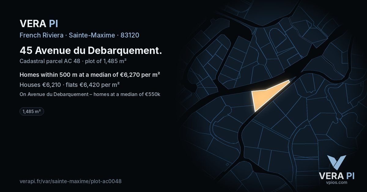 45 Avenue du Debarquement, Sainte-Maxime at night – the plot lit, the parcels around coloured by the prices near them