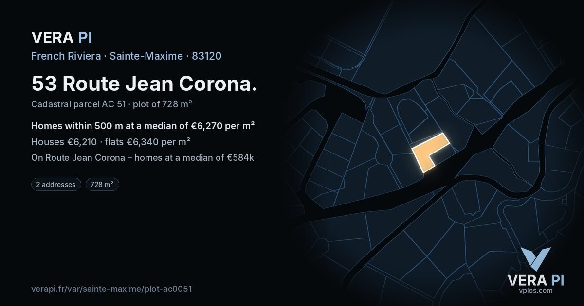 53 Route Jean Corona, Sainte-Maxime at night – the plot lit, the parcels around coloured by the prices near them
