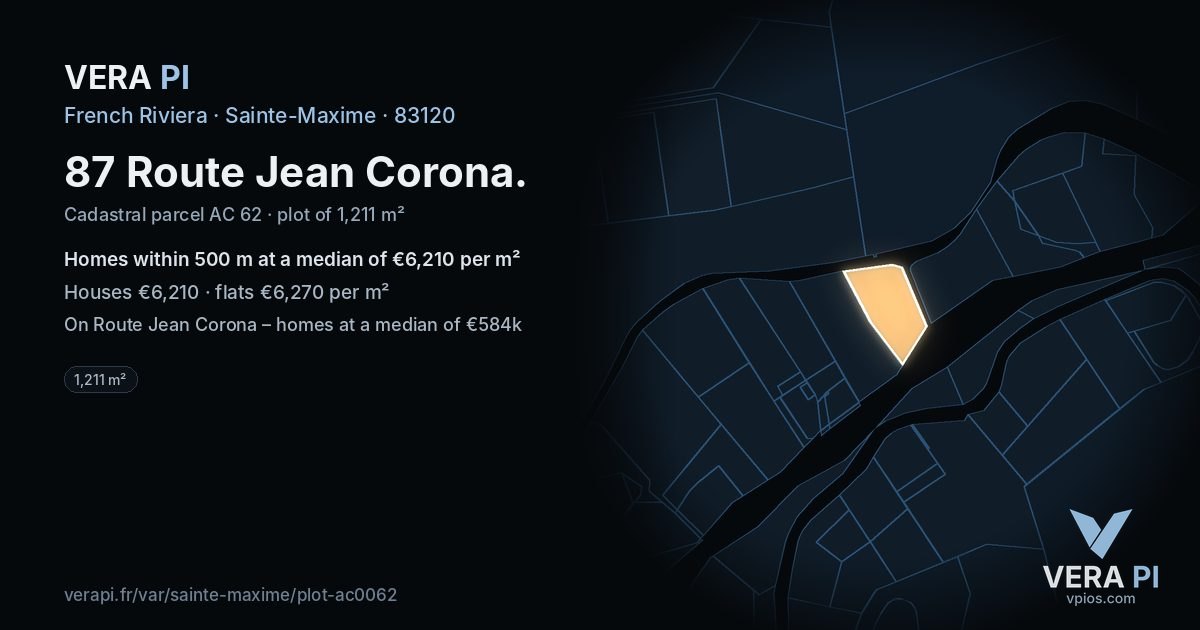 87 Route Jean Corona, Sainte-Maxime at night – the plot lit, the parcels around coloured by the prices near them