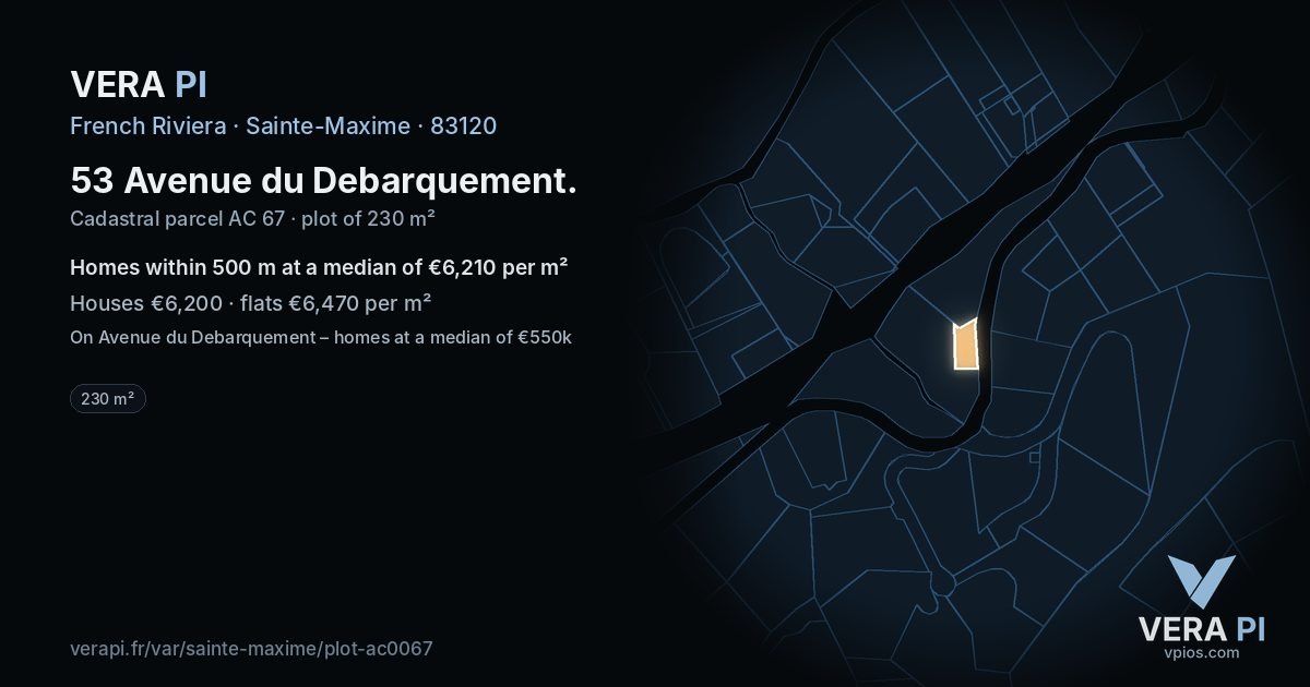 53 Avenue du Debarquement, Sainte-Maxime at night – the plot lit, the parcels around coloured by the prices near them
