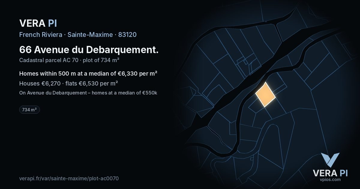 66 Avenue du Debarquement, Sainte-Maxime at night – the plot lit, the parcels around coloured by the prices near them