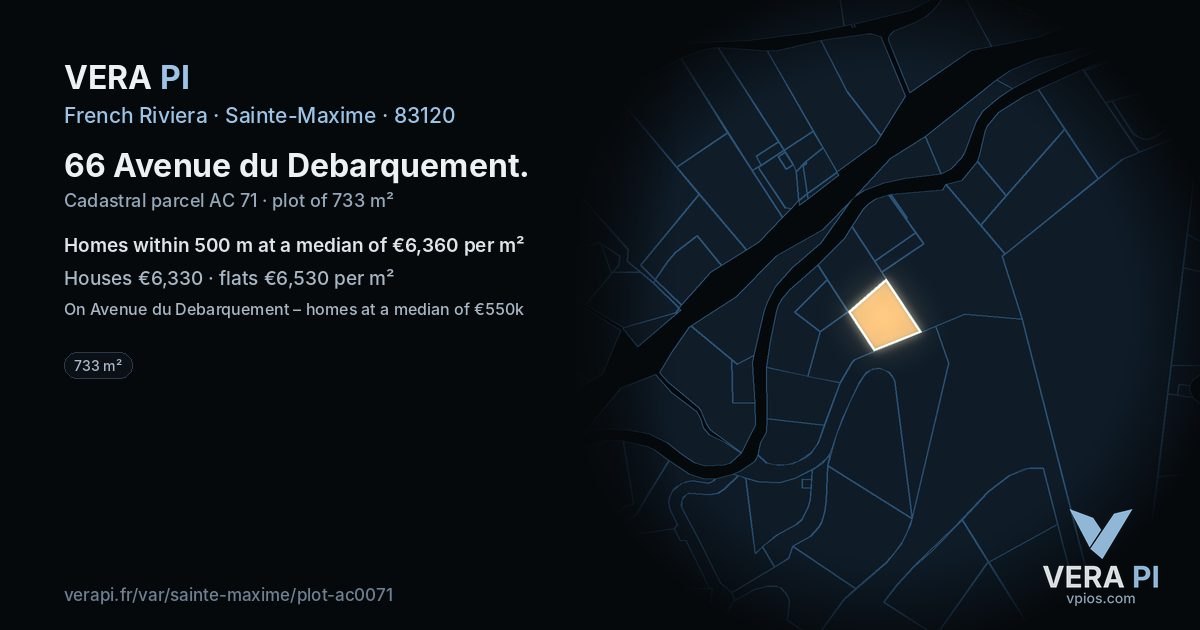 66 Avenue du Debarquement, Sainte-Maxime at night – the plot lit, the parcels around coloured by the prices near them