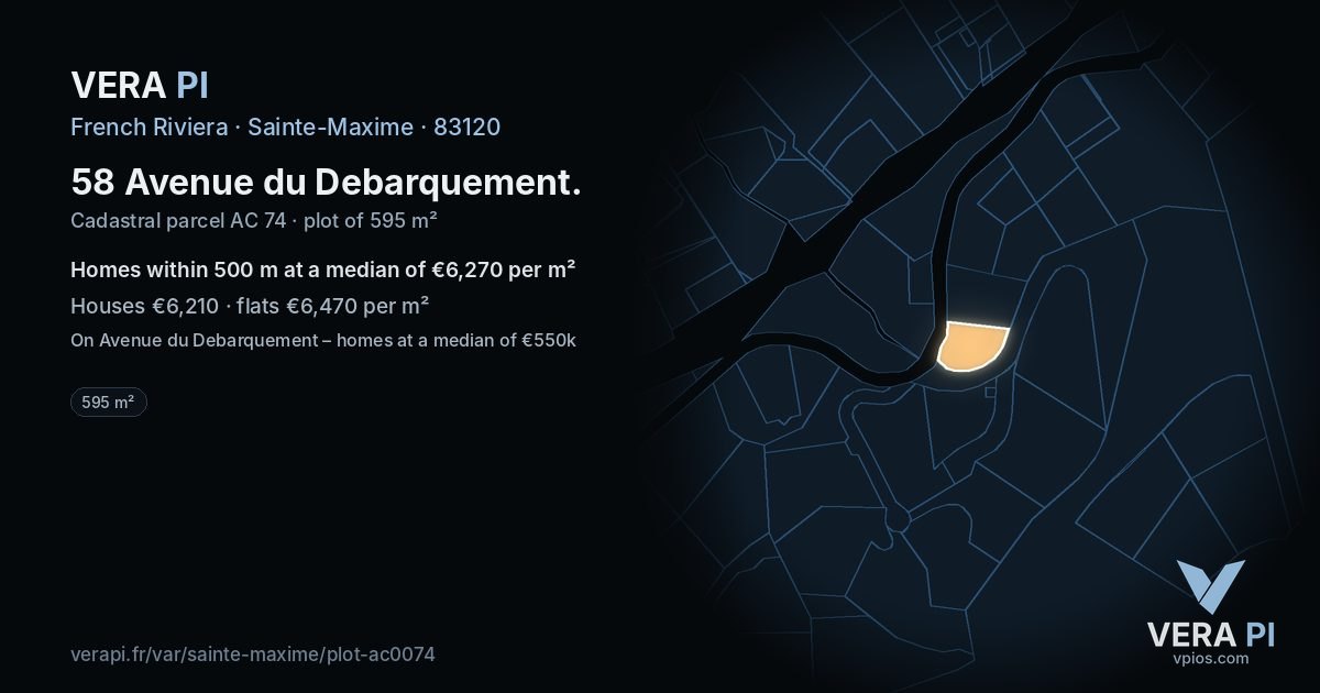 58 Avenue du Debarquement, Sainte-Maxime at night – the plot lit, the parcels around coloured by the prices near them