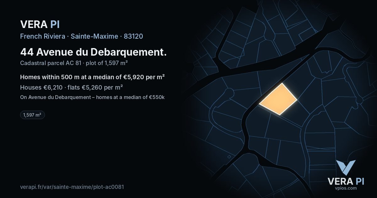 44 Avenue du Debarquement, Sainte-Maxime at night – the plot lit, the parcels around coloured by the prices near them