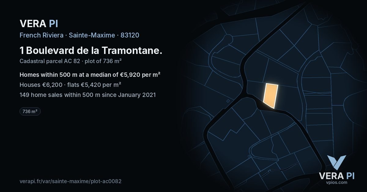 1 Boulevard de la Tramontane, Sainte-Maxime at night – the plot lit, the parcels around coloured by the prices near them