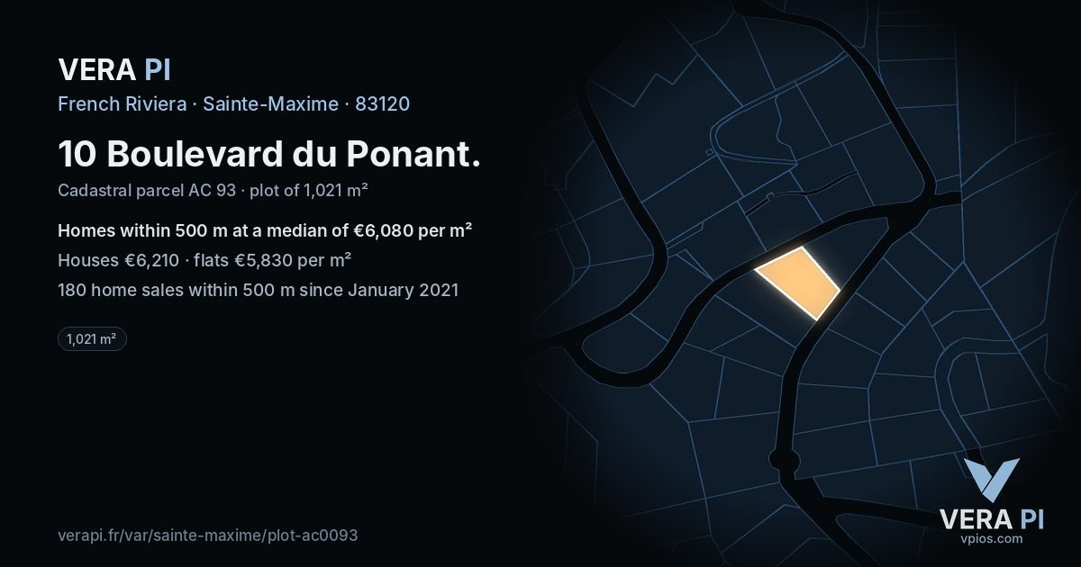 10 Boulevard du Ponant, Sainte-Maxime at night – the plot lit, the parcels around coloured by the prices near them