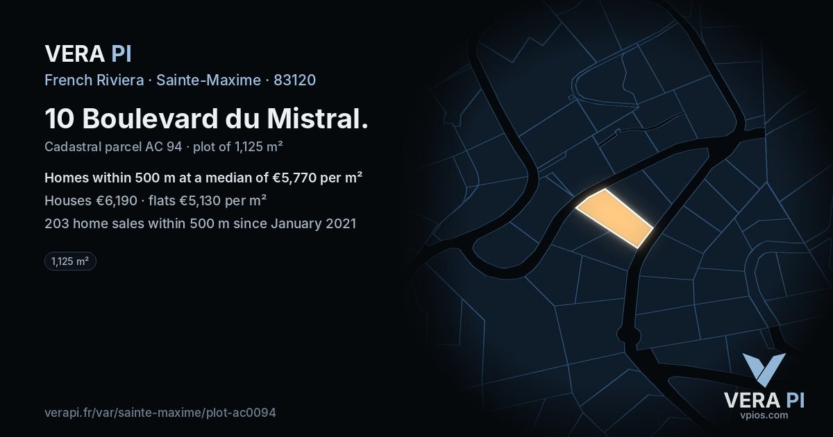 10 Boulevard du Mistral, Sainte-Maxime at night – the plot lit, the parcels around coloured by the prices near them