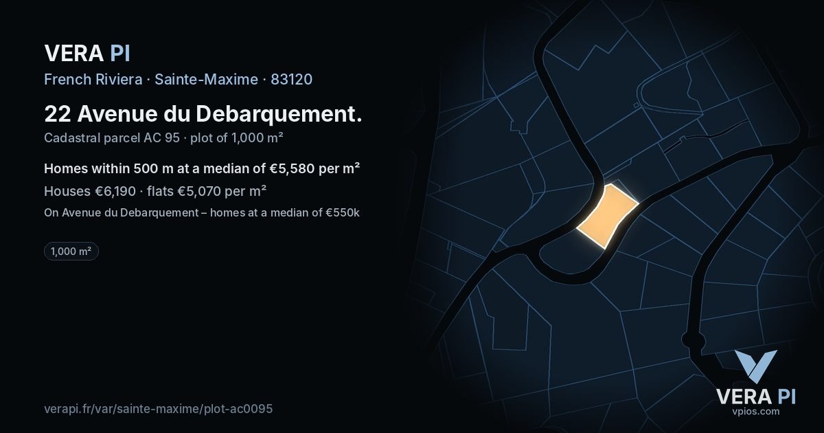 22 Avenue du Debarquement, Sainte-Maxime at night – the plot lit, the parcels around coloured by the prices near them