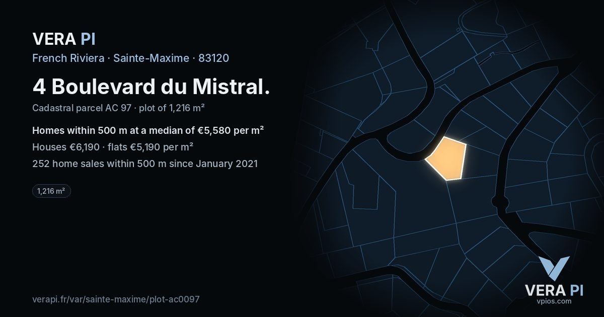4 Boulevard du Mistral, Sainte-Maxime at night – the plot lit, the parcels around coloured by the prices near them