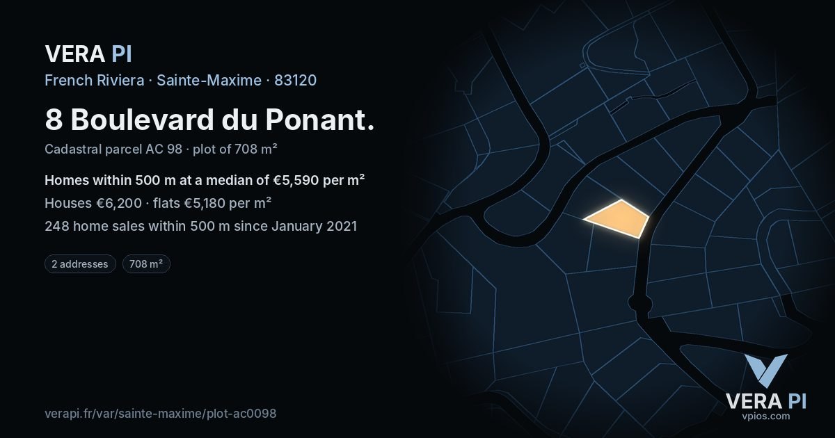8 Boulevard du Ponant, Sainte-Maxime at night – the plot lit, the parcels around coloured by the prices near them
