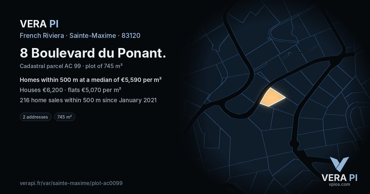 8 Boulevard du Ponant, Sainte-Maxime at night – the plot lit, the parcels around coloured by the prices near them